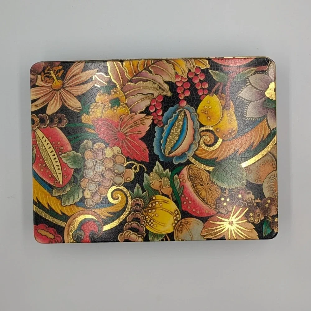 Vintage Floral Fruit Metal Decorative Tin Black Gold Rectangular Storage Box